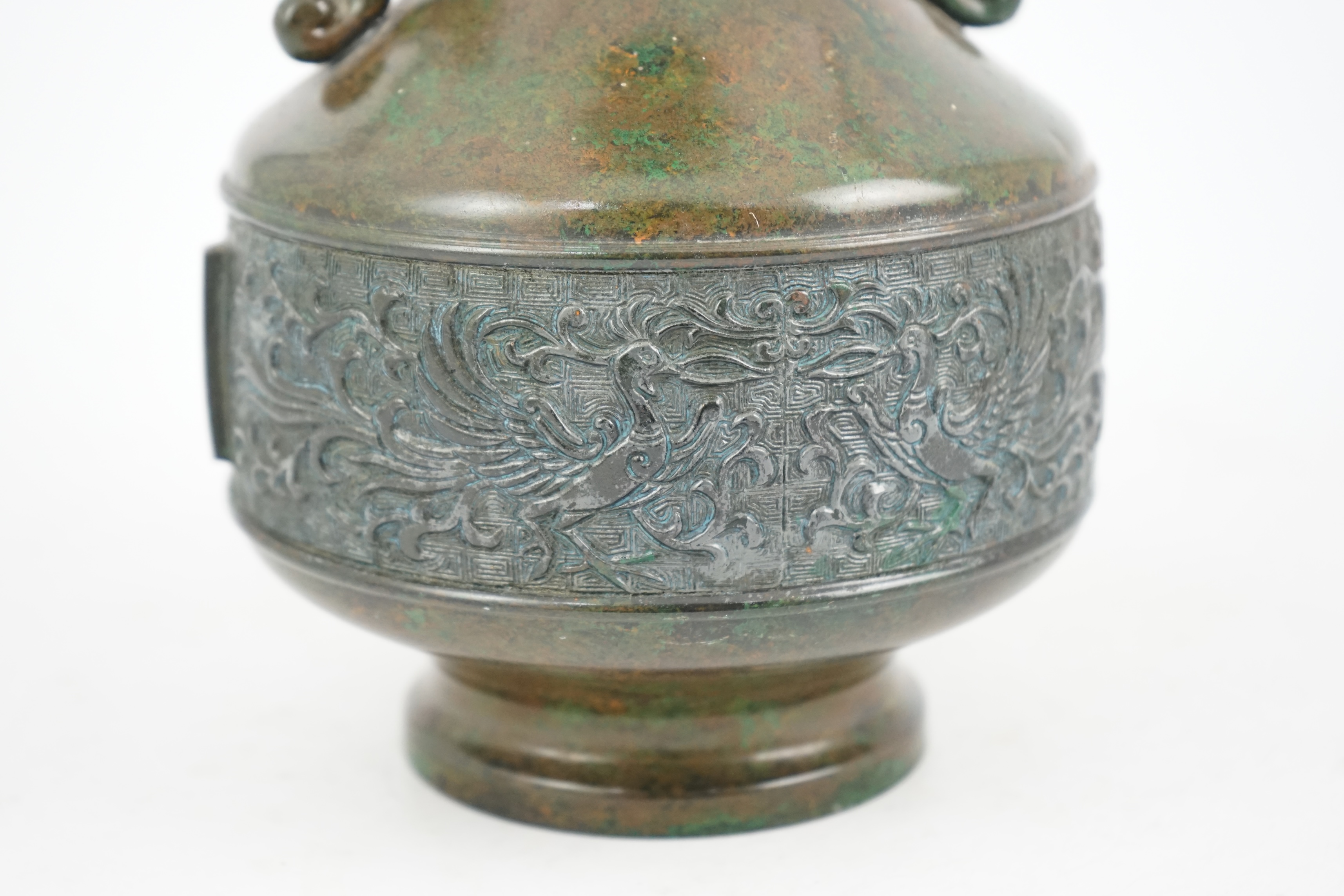 A Japanese green patinated bronze vase, 20th century, 25cm high. Condition - good